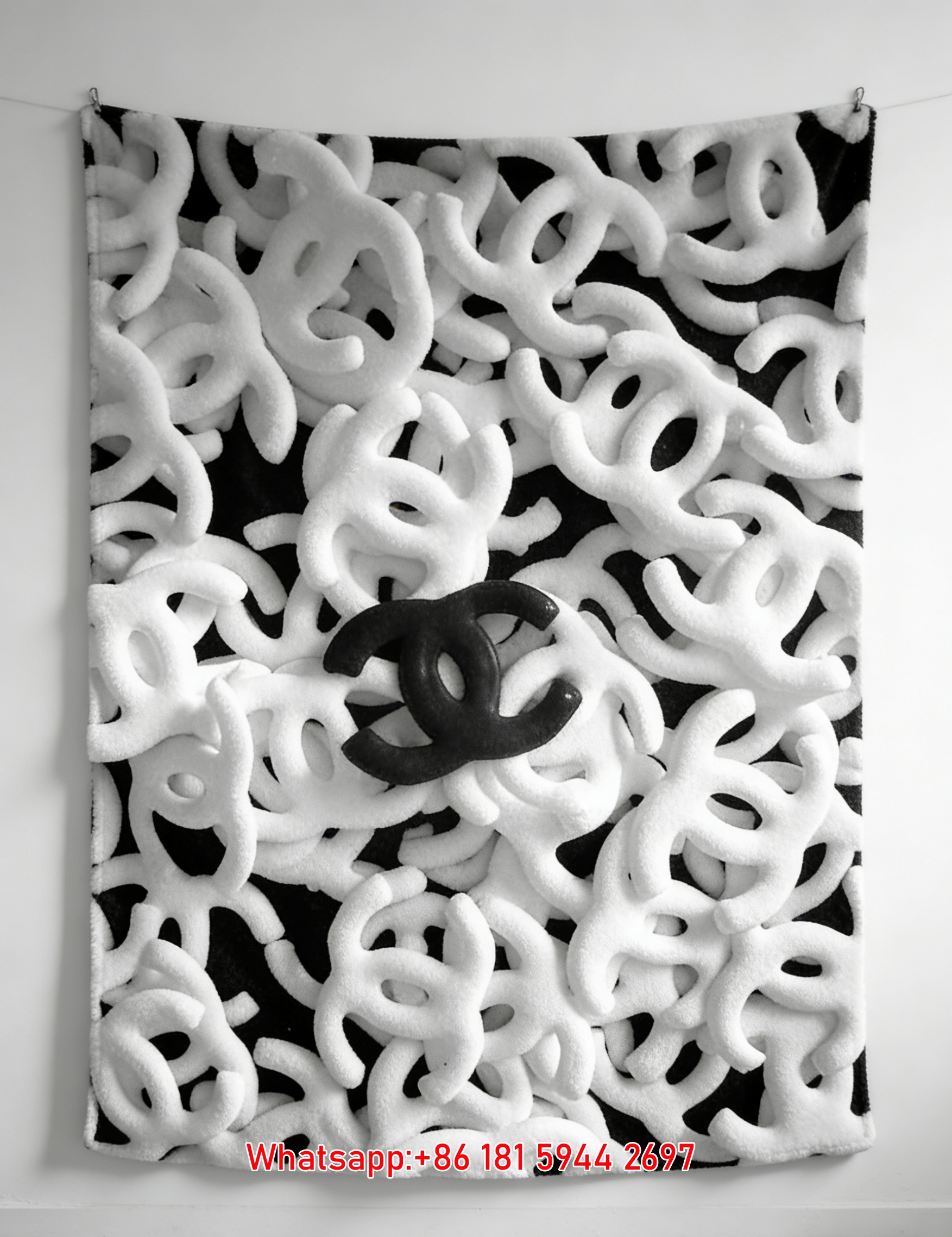 Luxury Chanel Monochrome CC Logo Flannel Throw Blanket  Black & White Contrast Print IMG_7188